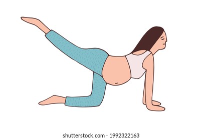 Young pregnant woman doing kick back exercise during pregnancy workout. Pilates of healthy happy mom with belly. Cat cow pose with one leg aerial. Flat vector illustration isolated on white background