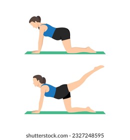 Young pregnant woman doing kick back exercise during pregnancy workout. Pilates of healthy happy mom with belly. Cat cow pose with one leg aerial. Flat vector illustration isolated on white background