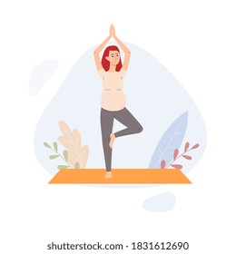Young pregnant woman doing special pregnancy yoga for keeping fit. Practicing yoga to give birth easily, flat cartoon vector illustration white background