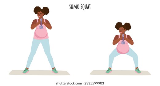 Young pregnant woman doing sumo squat exercise. Feminism, self acceptance and liberty. Active lifestyle. Sport, wellness, workout, fitness. Flat vector illustration