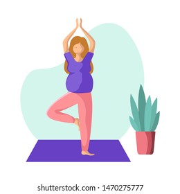 Young pregnant woman doing yoga on mat, pretty girl in yoga pose doing exercise and meditation. Female character in flat style. Isolated figure and potted flower, vector illustration