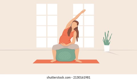 Young pregnant woman doing yoga exercises on a fitness ball. Vector illustration. Healthy pregnancy