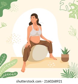 Young Pregnant Woman doing Yoga exercises on a Fit Ball. Stability Ball exercises. Сoncept of a healthy Pregnancy and sports. Flat vector illustration. 