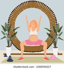 Young pregnant woman doing yoga. Goddess with arms up pose. Yoga Utkata Konasana posture or asana. Pregnant female cartoon yoga pose. Full body yoga workout vector illustration