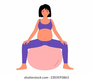 Young pregnant woman doing yoga exercises on a fitness ball Concept yoga, meditation, relax, health, pregnancy, motherhood. Flat vector illustration.