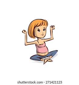 young pregnant woman doing yoga Hand drawn cartoon vector illustration.