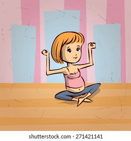 young pregnant woman doing yoga Hand drawn cartoon vector illustration.