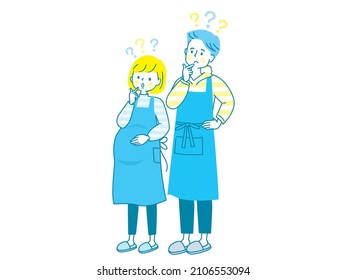 Young pregnant woman with doubts and husband in apron