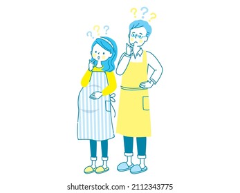 Young pregnant woman with doubts and husband in apron