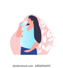 A young pregnant woman drinks water from a bottle. Healthy lifestyle concept. Vector illustration