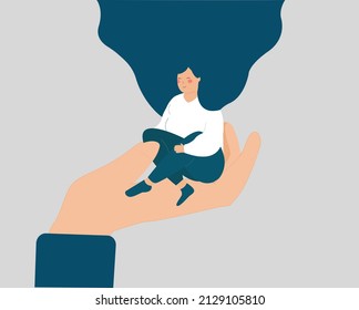 Young Pregnant Woman Expecting A New Baby And Sitting On A Big Doctor's Hand. Support Women In Pregnancy. Prenatal Care, Mental Health, Psychological Help And Assistance Concept. Vector Illustration.