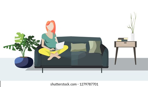 A young pregnant woman freelancer uses a laptop while working at home. An independent woman. Vector illustration. EPS 10