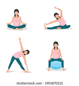 Young pregnant woman goes in for sports. Yoga, gymnastics and exercise with a fitball for pregnant women. Set of flat vector illustrations.