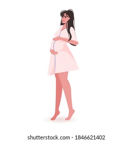young pregnant woman holding her belly pregnancy motherhood concept female cartoon character standing pose full length vector illustration