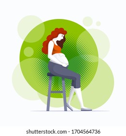 Young pregnant woman holds her hands on her belly. Pregnancy, gynecology, medicine, health care, love concept vector illustration. Easy editable global colors. 