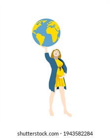 young pregnant woman holds the world and our planet in her hands. Illustration about motherhood, ecology, the future for our children, health and responsibility. Vector character drawn in flat style