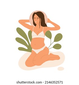 Young pregnant woman iin a pink hat is sitting on the sand and sunbathing. Resting girl on the beach. Pregnancy, vacation in summer aesthetic. vector illustration. Isolated white background.