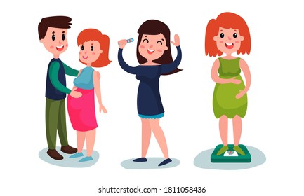 Young Pregnant Woman Jumping with Pregnancy Test and Walking with Her Husband Vector Illustration Set