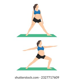 Young pregnant woman with large belly in sportswear does breathing yoga exercises holding hands in namaste mudra. Flat vector illustration isolated on white background