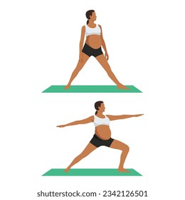 Young pregnant woman with large belly in sportswear does breathing yoga exercises holding hands in namaste mudra. Flat vector illustration isolated on white background