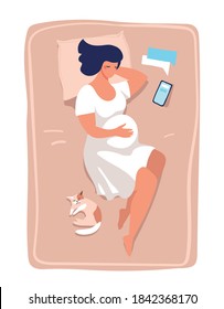 A young pregnant woman lies and sleeps on the bed. Illustration about pregnancy and childbirth, health and relaxation. Flat vector illustration isolated on white background