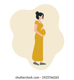 A young pregnant woman in a long dress on a walk, hugs her stomach. Vector illustration in a flat style, isolated on a white background, icon.