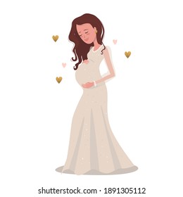 A young pregnant woman in a long-nosed white dress, stands and hugs her belly. Vector isolated on white background, cartoon illustration.