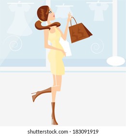 Young pregnant woman look at shop windows/ Pregnant woman