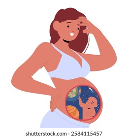 Young pregnant woman looking at her big belly with little baby inside. Happy female cartoon character expecting childbirth feeling healthy and wellbeing vector illustration. Anticipation of maternity