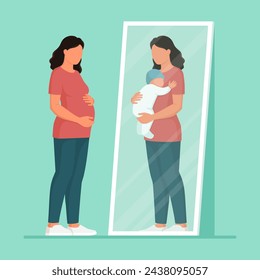 Young pregnant woman looking at herself in the mirror and seeing herself holding her baby, motherhood and birth concept