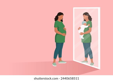 Young pregnant woman looking at herself in the mirror and seeing herself holding her baby, motherhood and birth concept