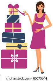 Young pregnant woman looking at loads of gifts for her baby - a perfect picture for any baby shower related projects.