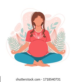 Young pregnant woman meditating and sitting in lotus on the natural background.  Pregnancy health concept. Illustration for yoga, meditation, relax and healthy lifestyle. Vector flat illustration 