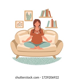 Young pregnant woman meditating and sitting in lotus at home in modern interior. Home activity. Stay home concept. Illustration for yoga, meditation and healthy lifestyle. Vector flat illustration