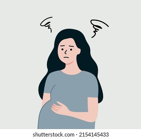 Young Pregnant Woman With Negative Thoughts, Worried About Childbirth. Depression, Anxiety Pregnancy, Hormone Influence, Miscarriage, Mental Health Concept. Flat Vector Illustration