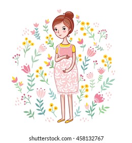 A young pregnant woman on a floral background. Future mother among on a white background. Vector illustration in cartoon style. Girl stroking belly with a baby. Baby shower card, It's a Girl.