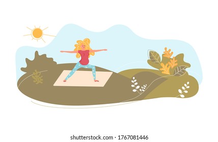 Young pregnant woman on the meadow in yoga pose. Metaphor of freedom and harmony with nature. Flat Art Vector Illustration