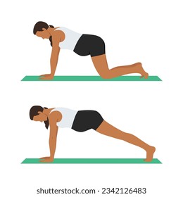 A young pregnant woman performs a knee elbow plank pose. Flat vector illustration isolated on white background