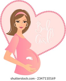 Young pregnant woman with a pink heart Baby girl background