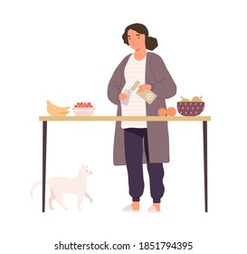 Young pregnant woman pouring juice in the glass. Female character in homewear cooking breakfast. Morning at home. Flat vector cartoon illustration isolated on white background