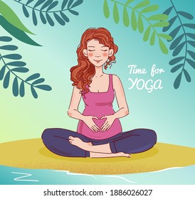 Young pregnant woman practicing yoga in the garden. Summer landscape background