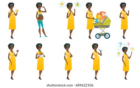 Young pregnant woman with a pram full of presents. African pregnant woman walking with a pram full of gifts. Baby shower concept. Set of vector flat design illustrations isolated on white background.