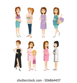 Young pregnant woman, pregnancy female expecting beautiful future mother character vector