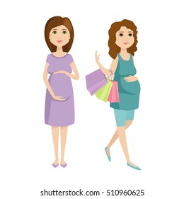 Young pregnant woman, pregnancy female belly expecting beautiful future mother character vector