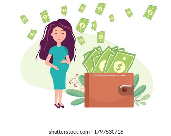 Young pregnant woman purse. Pregnant woman and money. vector flat design illustrations isolated on white background.