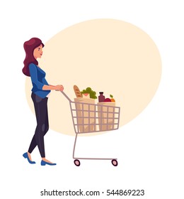 Young pregnant woman pushing shopping cart with grocery products, cartoon vector on background with place for text. Beautiful pregnant woman buying food with shopping cart in grocery store