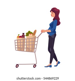 Young pregnant woman pushing shopping cart with grocery products, cartoon vector illustration isolated on white background. Beautiful pregnant woman buying food with shopping cart in grocery store
