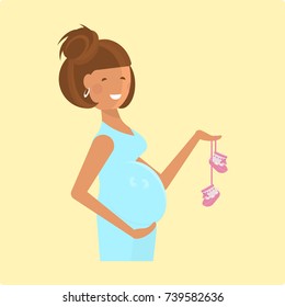 Young pregnant woman in red dress isolated on white background. Vector illustration.