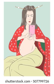 Young pregnant woman in a red robe with a telephone in the form of Japanese beauty. Figure in the style of Japanese prints.