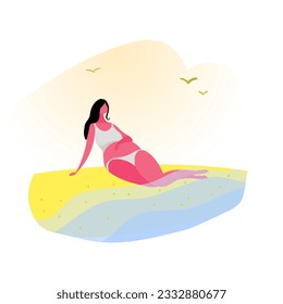 young pregnant woman relaxing on the beach with her feet in the water.Health and fitness for pregnant women.